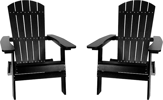 Flash Furniture Charlestown Folding Adirondack Chair - Black - Poly Resin - Indoor/Outdoor - Weather Resistant - Set of 2