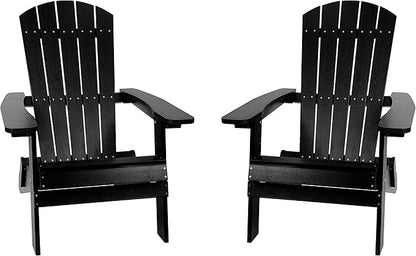 Flash Furniture Charlestown Folding Adirondack Chair - Black - Poly Resin - Indoor/Outdoor - Weather Resistant - Set of 2