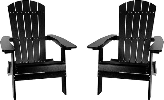 Flash Furniture Charlestown Folding Adirondack Chair - Black - Poly Resin - Indoor/Outdoor - Weather Resistant - Set of 2