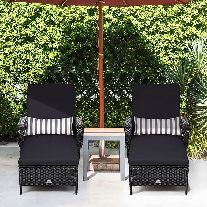 COSTWAY PE Rattan Chaise Lounge Chair, 6 Gear Adjustable Recliner with Armrest & Pillow, Wicker Outdoor Furniture for Deck, Patio (1, Black+White)