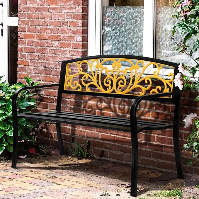 50" Outdoor Garden Bench Metal Patio Park Bench Elegant Porch Deck Loveseat with PVC Carved Pattern Backrest,Black Yellow