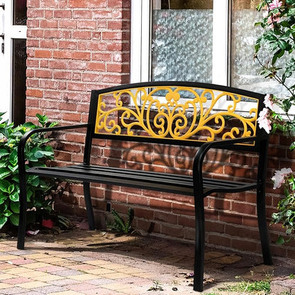50" Outdoor Garden Bench Metal Patio Park Bench Elegant Porch Deck Loveseat with PVC Carved Pattern Backrest,Black Yellow
