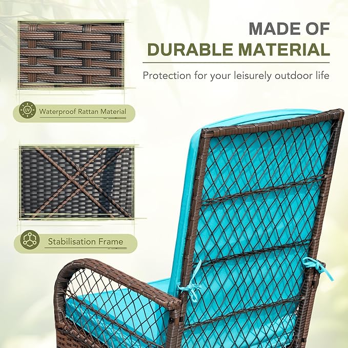 Greesum 3 Piece Outdoor Wicker Rocking Chairs Patio Furniture Set with Glass Coffee Table for Garden Backyard Porch Poolside, Blue