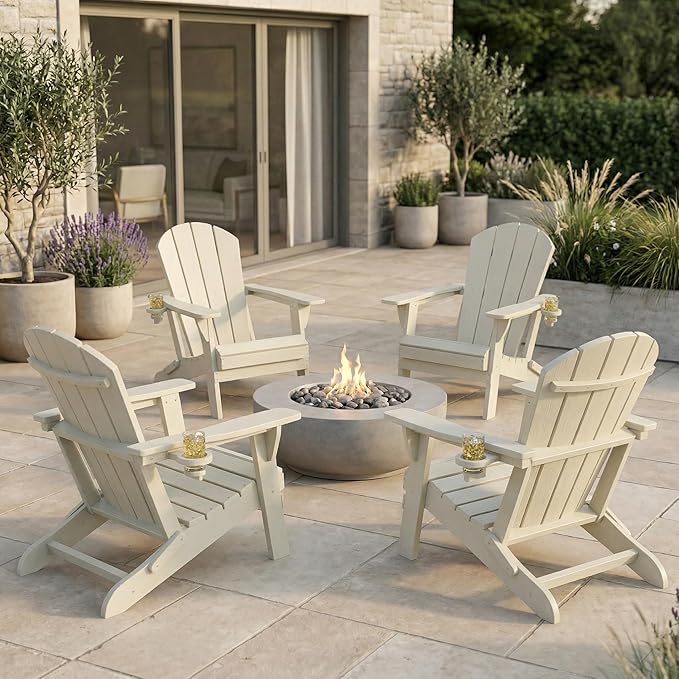 Kingdura Foldable Adirondack Chair, Portable HDPE All Weather Resistant Outdoor Patio Chair, Wooden Textured with Cup Holder, 380LBS Capacity for Poolside, Backyard, Deck, Fire Pit (White)