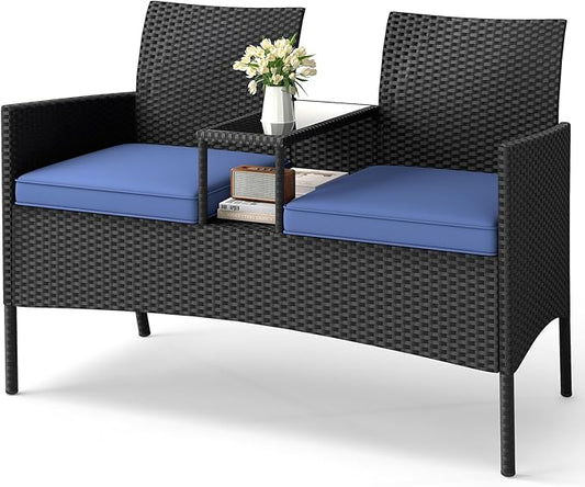 Tangkula Patio Loveseat with Built-in Table, Wicker 2-Seat Furniture with Soft Cushions & Tempered Glass Tabletop, Metal Frame Outdoor Conversation Seating Bench for Backyard, Porch