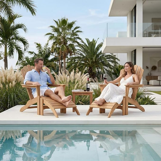 Outdoor Wooden Adirondack Chair with Footrest, All-Weather Teak Leisure Line Modern Adirondack Chair Suitable for Patio Lawn Garden Terrace Poolside Firepit Deck
