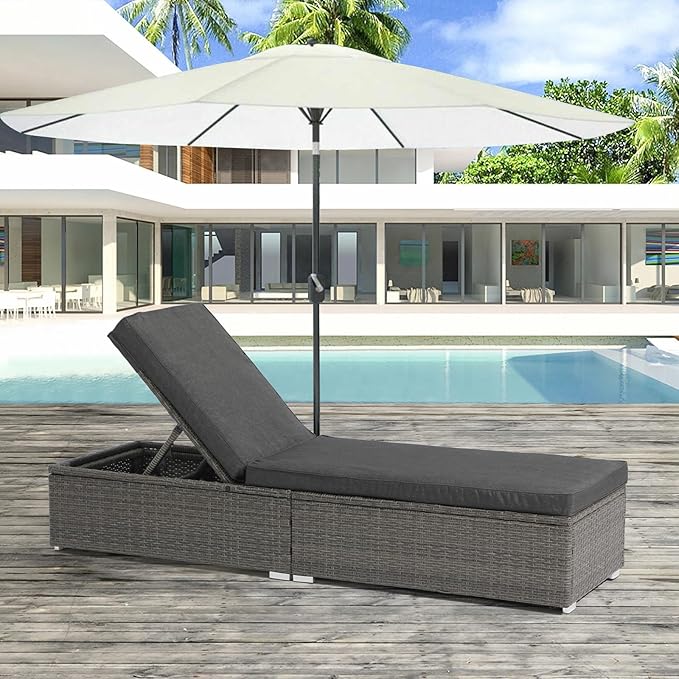 JOIVI Outdoor Chaise Lounge Chair, Patio Pool Lounge Chairs for Outside, Rattan Reclining Chaise Lounger with Adjustable Backrest and Removable Dark Gray Cushion, Gray PE Wicker