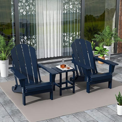 WestinTrends Malibu 3-Pieces Adirondack Chairs Set with Side Table, All Weather Outdoor Seating Plastic Patio Lawn Chair Folding for Outside Porch Deck Backyard, Navy Blue