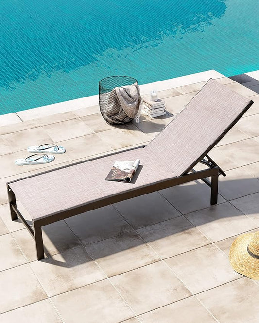 Crestlive Products Outdoor Lounge Chairs, Aluminum Pool Chaise Lounge Chairs, Adjustable Five-Position Tanning Recliner, All Weather for Patio, Beach, Yard, Pool (1PC Beige)