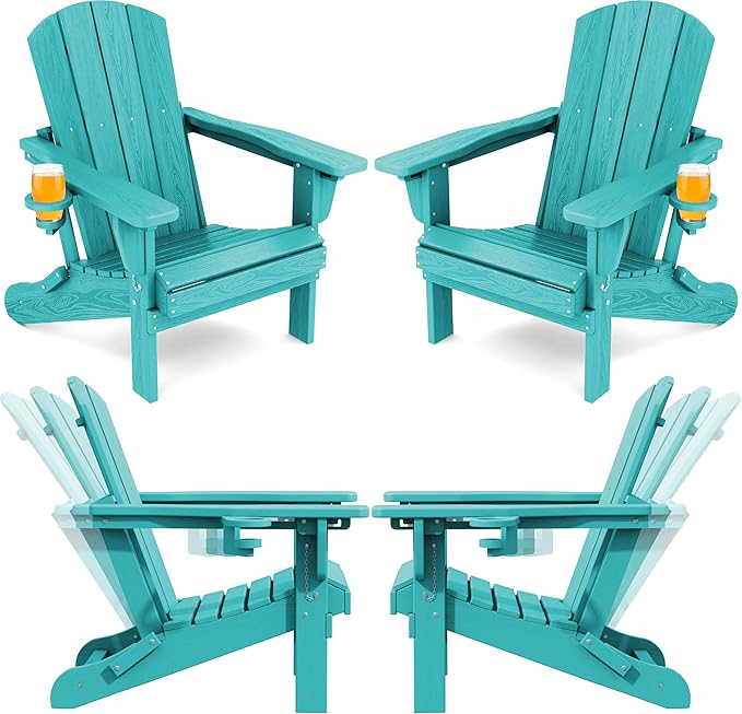 SERWALL Folding Adirondack Chair Set of 4, Adjustable Adirondack Chair with 3 Recline Positions, All Weather HDPE Outdoor Adirondack with Cup Holders, Aruba