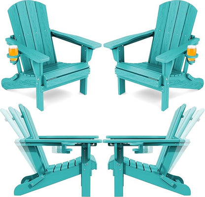 SERWALL Folding Adirondack Chair Set of 4, Adjustable Adirondack Chair with 3 Recline Positions, All Weather HDPE Outdoor Adirondack with Cup Holders, Aruba