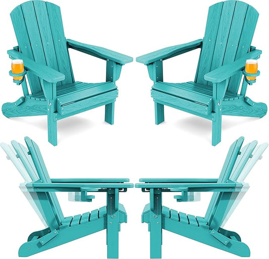 SERWALL Folding Adirondack Chair Set of 4, Adjustable Adirondack Chair with 3 Recline Positions, All Weather HDPE Outdoor Adirondack with Cup Holders, Aruba