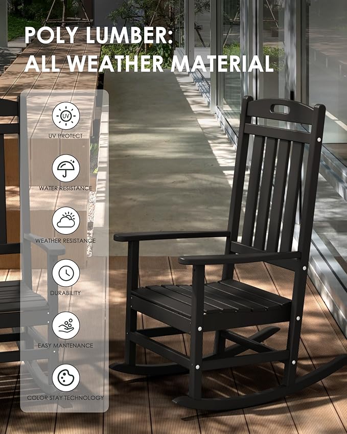 Outdoor Rocking Chair Set of 4, High Back Plastic Patio Rocking Chairs for Outside Porch Rocker Garden Lawn, All-Weather Resistant Poly Lumber Rocker Chair Outdoor, Aruba Blue