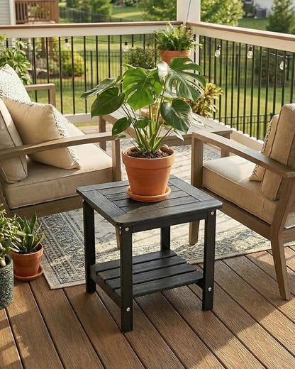 Kibaso-Adirondack Outdoor Side Table, 2-Tier HDPE Outdoor End Table, Weather Resistant Easy Maintenance, Small Patio Side Table for Patio, Pool, Porch, Garden, Lawn, and Living Room (1, Black)