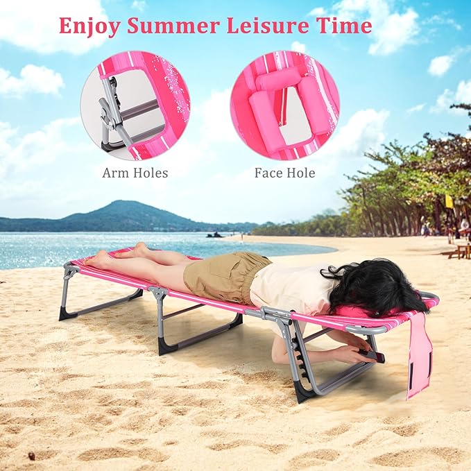 Goplus Tanning Chair, Folding Adjustable Patio Lounge Chair with Face Hole, Removable Pillow, 330LBS, Carry Strap, Outdoor Sunbathing Chair, Lightweight Portable Beach Lounge Chair, No Assembly