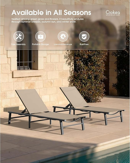 Ciokea Foldable Outdoor Lounge Chair Set of 2, No Assembly Aluminum Chaise Lounge Outdoor with 5 Adjustable Positions, Pool Lounge Chairs with Portable Design for Pool, Beach, Deck, Patio, Khaki