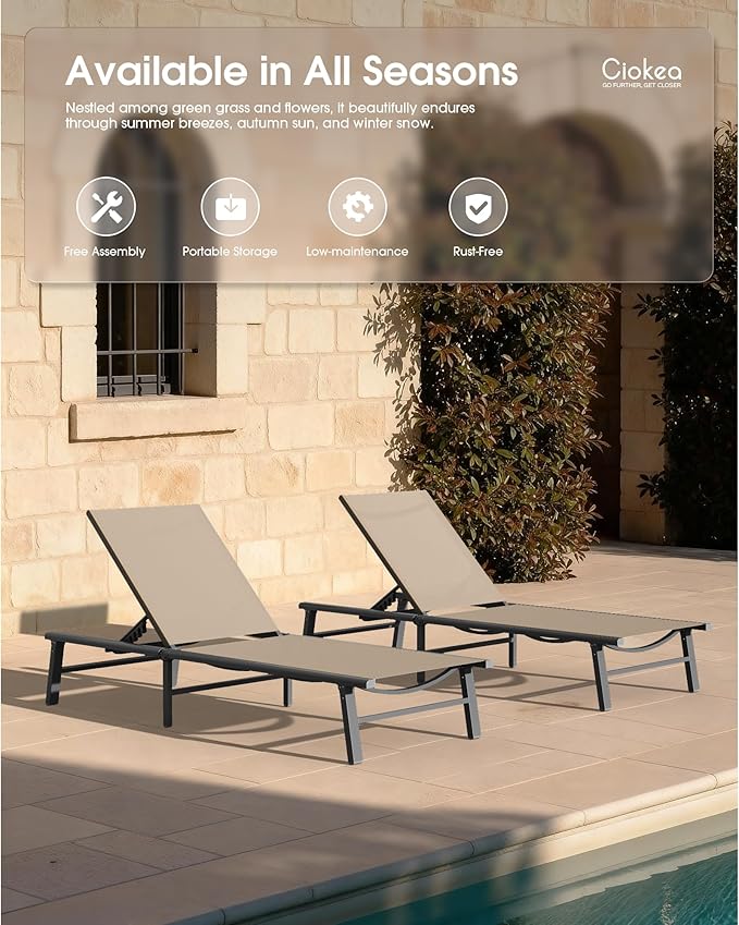 Ciokea Foldable Outdoor Lounge Chair Set of 4, No Assembly Aluminum Chaise Lounge Outdoor with 5-Positions, Aluminum Pool Lounge Chairs with Portable Design for Poolside, Beach, Deck, Patio, Khaki