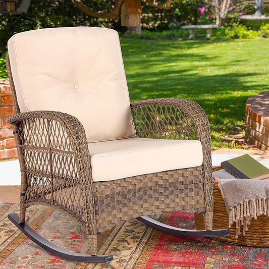 MEETWARM Outdoor Wicker Rocking Chair, Rattan Patio Rocker Chairs with Cushions and High Back, All-Weather Patio Wicker Chair with Safe Rocking Design for Garden Backyard Porch, Brown/Beige