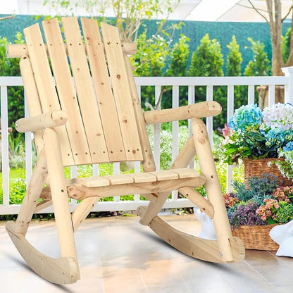 Outdoor Wooden Rocking Chair, Patio Rustic Adirondack Porch Rocker, All Weather Solid Wood Log Rocker Chair with High Back & Slatted Seat for Indoor, Deck, Backyard, Garden, Natural