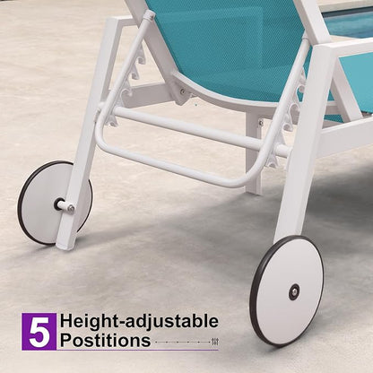 PURPLE LEAF Lounge Chair Outdoor Set 2 Pieces White Aluminum Chaise Lounge with Armrest and Wheels for Pool Deck Patio, Turquoise