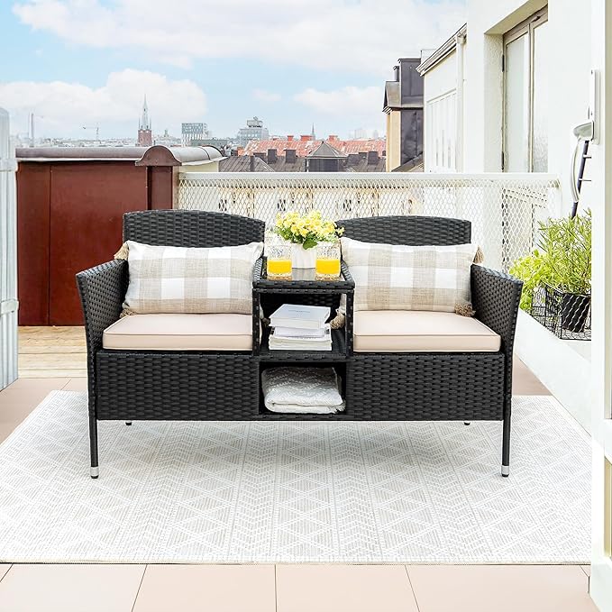 Flamaker Outdoor Furniture Patio Loveseat Wicker 2-Seat with Built-in Table and Cushions Rattan Porch Chairs Bench for - Photo 7