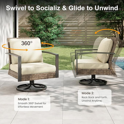 Green4ever 3-Pieces Patio Swivel Rocking Chairs Rocking with Sidetable, Metal Outdoor Rocking Chair, All Weather Rattan Patio Chairs for Porch, Bistro, Balcony, Beige