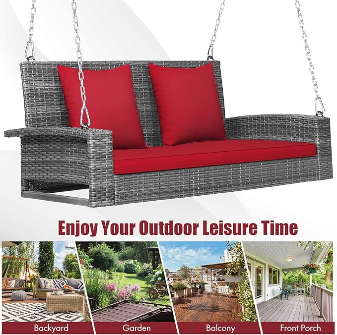 RELAX4LIFE 2-Person Porch Swing Bench - PE Rattan Outdoor Swing Chair with Comfortable Seat & Back Cushions, Rustproof Metal Chains, Patio Loveseat Swing for Balcony, Garden, Yard, 800 LBS (Red)
