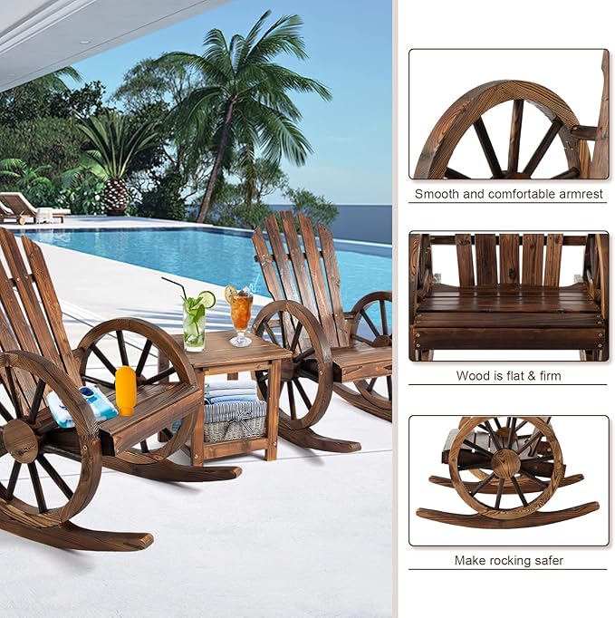Outdoor Wooden Wagon Rocking Chair - Rustic Wheel Design Adirondack Rocking Chair Patio Rocker Chairs for Patio, Country, Yard, Backyard, Natural (1 PCS)