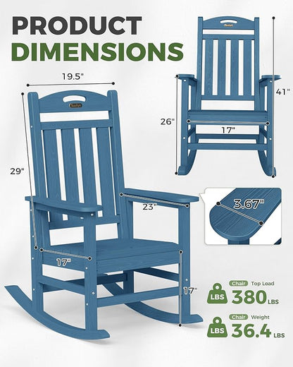Oversized Rocking Chair Outdoor, High Back Porch Rocker Chair, HDPE All Weather Resistant Rocking Chairs for Patio, 380lbs Weight Capacity, Navy Blue