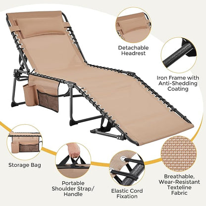 Yaheetech 26.4" Outdoor Folding Tanning Chair, Chaise Lounge Chairs with 5 Back Position Adjustable, Extended Portable Lounger for Beach, Patio, Beige