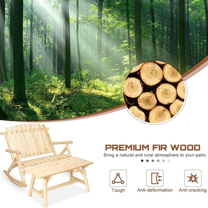 HOMEDIARY Outdoor Wood Rocking Bench Set, Patio Bistro Set-2 Person Rustic Adirondack Log Rocker with Side Table, Slatted Seat/High Backrest, Patio Rocking Furniture Set for Garden Backyard, Natural