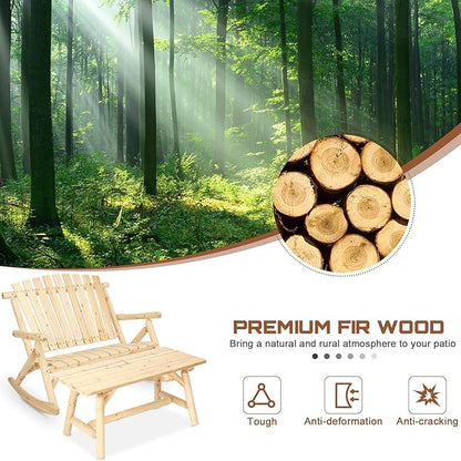 HOMEDIARY Outdoor Wood Rocking Bench Set, Patio Bistro Set-2 Person Rustic Adirondack Log Rocker with Side Table, Slatted Seat/High Backrest, Patio Rocking Furniture Set for Garden Backyard, Natural