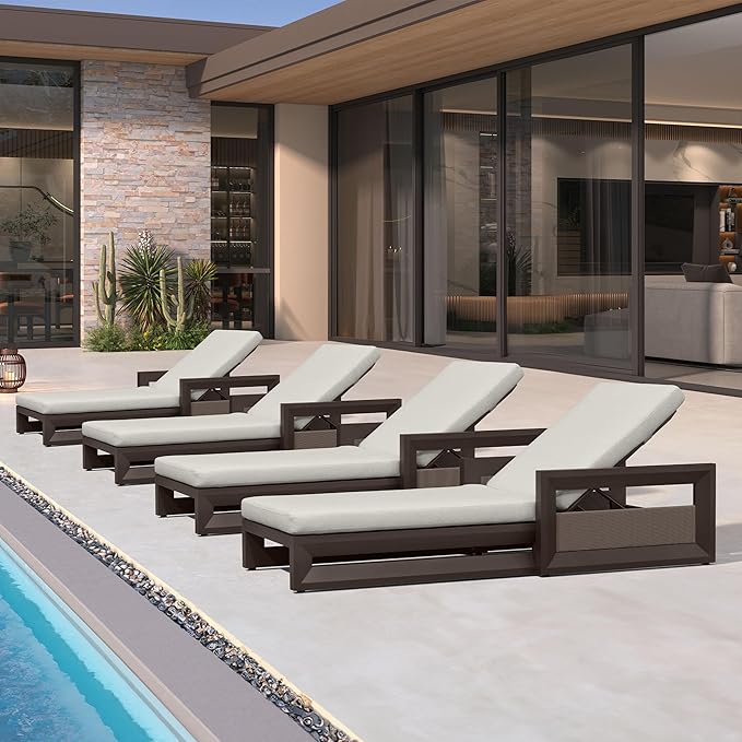 PURPLE LEAF Outdoor Chaise Lounge Set of 4 Reclining 2 in 1 Design Lounger Chair with Cushion Deluxe Aluminum Oversize Pool Lounge Chairs with Armrests & Backrest for Patio Poolside Backyard, Bronze
