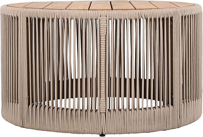 Outdoor Rattan Coffee Table with Solid Acacia Wood Tabletop, Patio Round Coffee Table Side Table (Beige) - Photo 4