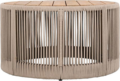Outdoor Rattan Coffee Table with Solid Acacia Wood Tabletop, Patio Round Coffee Table Side Table (Beige)