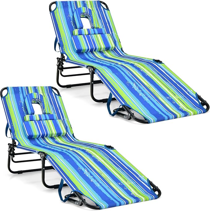 COSTWAY Tanning Chair with Face Hole, Pillows & Adjustable Backrest, Portable with Carrying Bag, Folding Beach Chaise Lounge for Sunbathing, Seaside (2, Blue & Green)