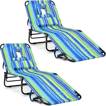 COSTWAY Tanning Chair with Face Hole, Pillows & Adjustable Backrest, Portable with Carrying Bag, Folding Beach Chaise Lounge for Sunbathing, Seaside (2, Blue & Green)