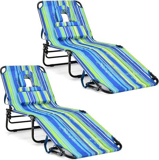 COSTWAY Tanning Chair with Face Hole, Pillows & Adjustable Backrest, Portable with Carrying Bag, Folding Beach Chaise Lounge for Sunbathing, Seaside (2, Blue & Green)
