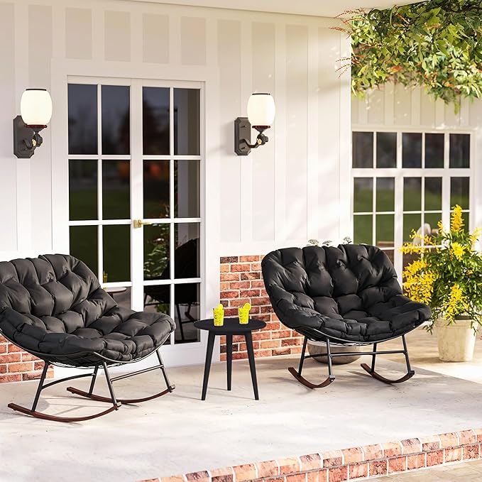 Outsunny Outdoor Rocking Chair Set of 2, Oversized Rocking Papasan Chairs with Cushions, Steel Frame, Comfy Outdoor Rockers for Patio Porch Lawn Garden, Black