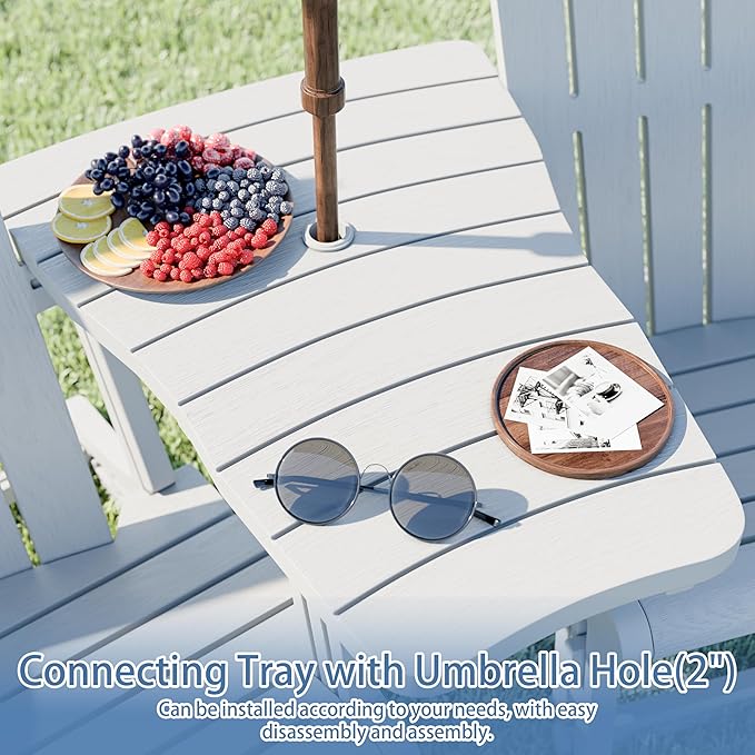 Shintenchi Adirondack Chair Set of 2,HDPE Adirondack Chairs with Umbrella Hole Connecting Tray & 2 Curved Ottoman,Plastic Outdoor Chairs with Cup Holders for Garden Backyard Pool,White