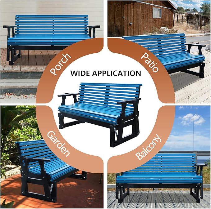 3-Seater Outdoor Glider Chair, 5FT Wood Porch Glider with High Roll Back, Cupholders and Deep Contoured for Porch, Garden, Dark Grey and Blue