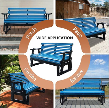 3-Seater Outdoor Glider Chair, 5FT Wood Porch Glider with High Roll Back, Cupholders and Deep Contoured for Porch, Garden, Dark Grey and Blue