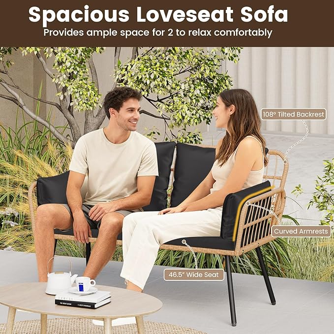 HAPPYGRILL Patio Loveseat Sofa Rattan Wicker 2-Seater Couch with Cushions & Lumbar Pillows, Metal Legs, Outdoor Furniture for Balcony, Porch, Deck (Black)