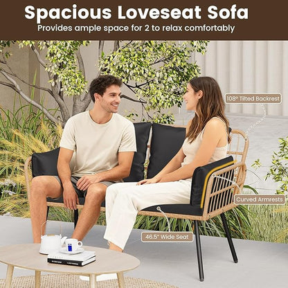 HAPPYGRILL Patio Loveseat Sofa Rattan Wicker 2-Seater Couch with Cushions & Lumbar Pillows, Metal Legs, Outdoor Furniture for Balcony, Porch, Deck (Black)