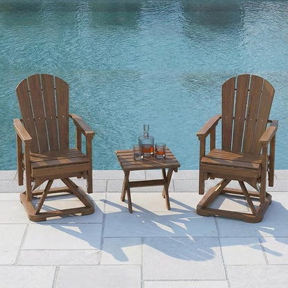 HDPE Swivel Glider Chair Set of 2 with Folding Side Table, Wooden Textured Adirondack Outdoor Swivel Chairs for Porch, Balcony, Poolside, Backyard (Teak)