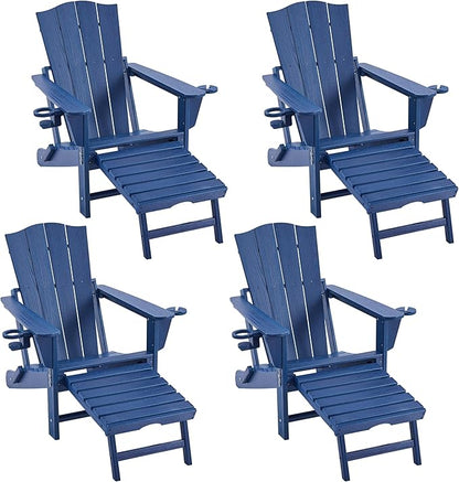 Yaheetech Adirondack Chair with Retractable Ottoman, All Weather Patio Folding Fire Pit Chair with Cup Holder and Phone Holder for Outdoor Poolside, Navy Blue, 4 pcs