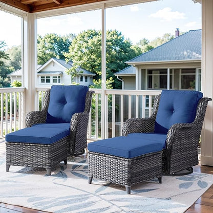 Belord Outdoor Swivel Chairs Set of 2,Patio Wicker Rocker Chairs with Ottomans, All Weather Patio Conversation Furniture Set, Ideal for Porch Balcony Deck Yard, Gray Wicker/Blue
