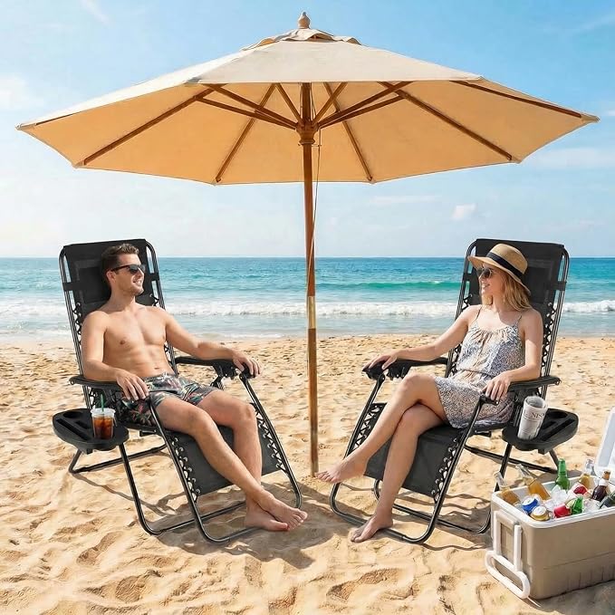 TLSUNNY Zero Gravity Chair Set of 2, Outdoor Folding Lounge W/Detachable Headrest & Holder Tray, Adjustable Textilene Lawn Reclining, No Assembly Required, for Patio, Garden, 330LBS (1, Black)