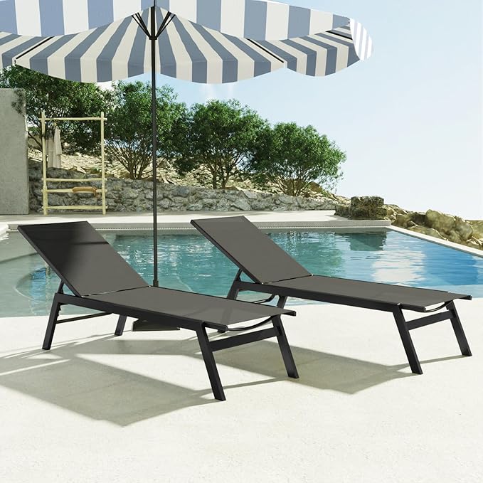 Aluminum Outdoor Chaise Lounge Set of 2,Patio Breathable Textilene Lounge Chairs,Sunbathing Recliner w/5 Adjustable Backrest, for Outside Yard Balcony Garden Poolside Beach Deck Lawn,Grey