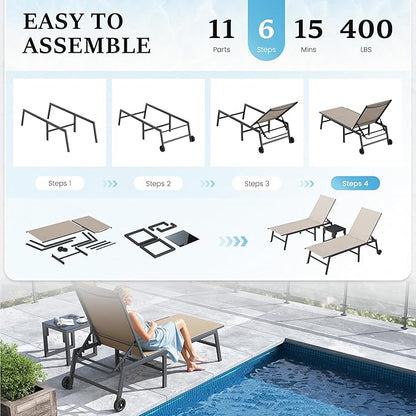 UDPATIO Outdoor Chaise Lounge with Wheels 2 Pieces Patio Lounge Chair with Side Table 5 Adjustable Position Recliner for Patio, Beach, Yard, Pool